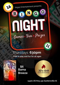JD's Grill is so excited to start bingo & trivia night on Thursdays for Ladies Night! It will start at 6:30 on Thursday nights from here on out starting August 18th! Our specialty drink for bingo nights will be our Bama Breeze for $6, & our food special is our Sampler Platter (fried raviolis, chips & salsa, quesadilla, & boneless wings) for $14.99!