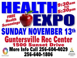 Guntersville Seventh-Day Adventist Church invites you to the 2022 Health Expo, coming up Sunday, November 13. This event will be held at the Guntersville Rec Center. For more details, call 256-604-4029 or 256-640-1806.