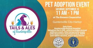 The Brewers Cooperative - Guntersville invites you to join them for another Tails & Ales Saturday, September 10 from 11:00 am - 1:00 pm with pets from Guntersville Animal Hospital! Adoption fee is $95 which includes annual wellness exam, internal parasite exam with dewormer, heart worm test, DAPP and rabies vaccine, and a spay/neuter.