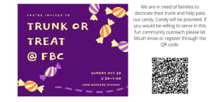 Guntersville First Baptist Church is in need of families to decorate their trunk and help pass out candy at the Trunk or Treat on Sunday, October 30. This event runs 5:30 - 7:00 pm at 1000 Gunter Avenue.