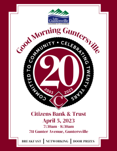 Citizens Bank & Trust and the Lake Guntersville Chamber of Commerce invite you to the upcoming Good Morning Guntersville!

Stop by anytime between 7:30 am and 8:30 am for breakfast, networking, community announcements, and fantastic door prizes (including a $50 Love What's Local Gift Card)

on Wednesday, April 5 at Citizens Bank & Trust.

711 Gunter Avenue, Guntersville

Good Morning Guntersville is a laid-back networking event designed to get you mingling with a crowd you might not see on a regular basis. It's a great opportunity to expand your professional network and strengthen your personal relationships with various people throughout the community. It's also a great way to stay up-to-date on activities going on in the area. We hope you'll join us! 