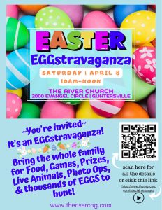 The River Church invites your family to the upcoming Easter EGGstravaganza! on Saturday, April 8. The event runs 10am - 12pm.

Bring the whole family for Food, Games, Prizes, Live Animals from Little Rustic Farm, Photo Ops, & thousands of EGGS to hunt! Egg hunt is for ages 0-12 plus an area for special needs participants. www.therivercog.com