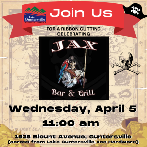 Make plans to join us and welcome the team at Jax Bar n Grill with a ribbon cutting ceremony on Wednesday, April 5 at 11:00 am. Located at 1525 Blount Avenue (across the street from Lake Guntersville Ace Hardware and Marshall County Home Place Thrift Store).

The more, the merrier! Ribbon Cuttings are great opportunities to network and expand your professional and personal circles.