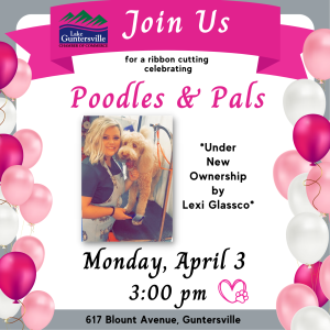 Make plans to join us as we celebrate the new owner Lexi Glassco's venture with Poodles and Pals with a ribbon cutting ceremony! Help us welcome the team and cut the big red ribbon on Monday, April 3 at 3pm at 617 Blount Avenue, Guntersville.

The more, the merrier! Ribbon Cuttings are great opportunities for networking and expanding your professional circle.