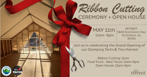 Make plans to join us for a big celebration of the expansion of ReTreet! This event is hosted by the Mountain Lakes Chamber of Commerce and ReTreet.

Held Thursday, May 11. ReTreet will kick off the celebration with a ribbon cutting ceremony at 11:00 am, then stay for tours of the new glamping tents / tiny homes and more. Enjoy a block party atmosphere with a food truck, and if the weather cooperates, enjoy corn hole!

We hope you'll join us!