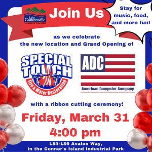 Make plans to join us for a ribbon cutting ceremony celebrating the official Grand Opening of the new location for both American Dumpster Company and Special Touch Restoration, located at 184 and 186 Avalon Way, Guntersville (in the Connor's Island Industrial Park) on Friday, March 31 at 4:00 pm. 