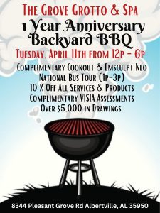 The Grove Grotto & Spa invites you to their upcoming 1 Year Anniversary Backyard BBQ on Tuesday, April 11. This event runs from 12:00 - 6:00 pm. 

Enjoy a complimentary cookout and Emsculpt Neo National Bus Tour (1-3pm) plus 10% off all services and products. Over $5,000 in giveaway drawings. 