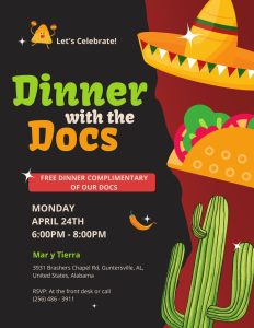 The doctors at Jubilee Family Chiropractic are hosting a special  par-tay  at Mar y Tierra. A free dinner complimentary of Drs. Matthews will be provided to all attending on Monday, April 24th, from 6:00pm - 8:00pm. Please RSVP in advance so we can get an accurate headcount, as Mar Y Tierra will be catering a special menu for our guests attending this evening! We can't wait to hang out with you guys and have an epic celebration!

 Call us directly. We will be happy to assist you in RSVPing, answering any questions, or giving more info. (256) 486 - 3911.