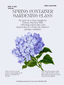 The City of Guntersville Recycling and Public Works invites you to a Spring Container Gardening Class on Wednesday, April 19 at 10:00 am. This event will be held at Errol Allen Park in downtown Guntersville. This is a free event. For more details, call 256-960-6766.