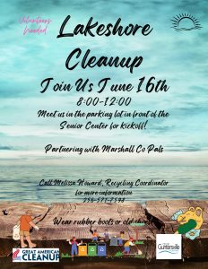 The City of Guntersville is partnering with Marshall County PALS for a Lakeshore Cleanup, and they need volunteers!

The cleanup will be held Friday, June 16 from 8:00 am - 12:00 pm. Volunteers will meet in the parking lot in front of the Senior Center. To volunteer, call Melissa at 256-571-7598.