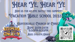 Theme is Keepers of the Kingdom

Open to ages 3 years through 5th grade.

Runs June 25-28 from 6:00pm - 8:30pm

Scan the QR for more details and to register