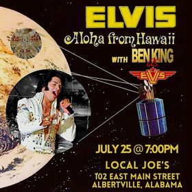 Join Local Joe's of Albertville on Tuesday, July 25 at 7:00 p.m. for the Aloha from Albertville Dinner Show!

Event Description: The Australian E.L.V.I.S is here and ready to get you All Shook Up!

Get ready to be taken back in time with this Internationally Award Winning Elvis Tribute Show coming directly from Las Vegas for one night only.
Relive Elvis' iconic Aloha From Hawaii Concert with this authentic recreation to mark the 50th Anniversary of the remarkable concert.
This show is not to be missed and will entertain audiences young and old.
Dinner is a BBQ Buffet of Local Joe's Signature Pork, Chicken, Baked Beans, Potato Salad, Rolls, Banana Pudding, and a self serve drink station of Coke products, teas and water.

All seats are $40 and are pre-sale only. Please e-mail events@mylocaljoes.com and request the quantity of tickets you would like and an invoice will be sent back to you. Once the invoice is paid, the paid copy you receive back is your ticket to the show. Tickets are selling fast, and are first come, first serve.
