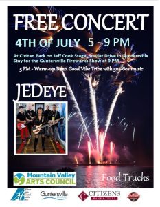 Mountain Valley Arts Council invites you and your family and friends to their FREE 4th of July concert, held Tuesday, July 4th from 5-9pm at Civitan Park.  The show kicks off with the Good Vibe Tribe (50's-60's music), then Jed Eye takes the stage at 6pm. Don't forget to bring chairs! Food trucks will be on-site for food sales. 