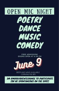 Have you heard the news? Moody Brews Coffee & Lounge now offers beer, wine, mimosas, and Bloody Marys! 

Why not come try them out Friday, June 9 beginning at 6:30pm at their Open Mic Night. Whether you enjoy poetry, dance, music, comedy, or anything else, share your talents!

Free admission. 