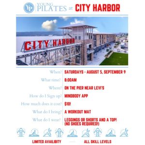 Young Pilates invites you to a mat pilates class at City Harbor! Held Saturday, September 9 at 8:00 am on the pier near Levi's. 

Cost is $10 per person. To register, use the app here:  https://get.mndbdy.ly/rWkLX7Mv3hb