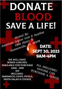 American Legion Post 8 invites you to donate blood at their upcoming blood drive! Held September 30 from 9am - 4pm at 1900 Henry St. Boxed lunches will be available for purchase from 11am - 2pm that day for $10.