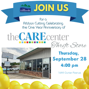 Make plans to join us as we cut the big red ribbon in celebration of The CARE Center Thrift Store's First Anniversary!
We will cut the ribbon at 4:00 pm. So join us and come check out the store.
This is a great networking opportunity and a way to help us welcome the team to the community, and we want to see your smiling faces there!
Located at 1644 Gunter Avenue, across the street from Wendy's