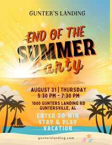Come join us for an end of summer party Thursday, August 31st from 5:30 - 7:30 at Gunter's Landing Golf Club. We will have music and food.

If anyone is interested, we will be showing some of the current houses available at The Grande at Gunter's Landing. Everyone is welcome to come and we will be doing a drawing for 2 night stay and 4 rounds of golf. Realtors are welcome to bring clients, and we can discuss the finishing touches!