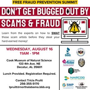 Better Business Bureau of North Alabama is hosting a fraud prevention summit, "Don't Get Bugged Out by Scams and Fraud," on Wednesday, August 16 from 11 a.m. to 1 p.m. at the Cook Museum of Natural Science in Decatur, Ala. Learn from the experts on how to swat those scam artists before they steal your hard-earned money!

The event is free and open to the public. Lunch will be provided. Registration is required. Contact Tricia Pruitt at 256-355-5170 or email tpruitt@northalabama.bbb.org.