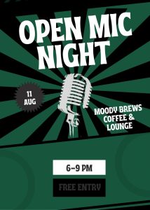 Who’s ready to show off?? Moody Brews Coffee & Lounge wants any of the following: singers, musical talent, poetry/spoken word, dance moves, jokes, roasting skills, interpretive piece, rappers, magic tricks, interactive games. Show held Friday, August 11 from 6-9pm. Free Entry. Invite your friends for a fun night at Moody Brews!