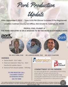 Are you interested in pork production? Marshall County and Cullman Extension Offices are hosting a Pork Production Update Program in Cullman.

Call the office with questions or to pre-register for the event (256-737-9386).

Pork Production Update
 September 7
 6-8 PM
 Cullman County Extension Office(402 Arnold Street, Cullman AL 35055)
 No Registration Fee
 Space is limited
 Register by calling the Cullman County - Alabama Extension Office 256-737-9386