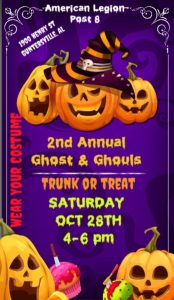 American Legion Post 8 is excited to announce the date for the 2nd Annual Ghost & Ghouls Trunk or Trunk, coming up Saturday, October 28 from 4-6pm. 