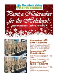 Nutcracker Art Workshops for Kids at MVAC Gallery

December 9th, 10 - noon and/or 12:30 - 3:00 PM,

No charge, two sessions with a max of 15 kids per session.

Age range is 7 - 16.