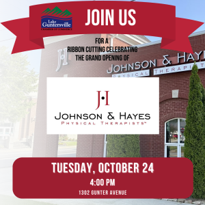 Please mark your calendars, round up your coworkers, and get ready to celebrate and network with the team at Johnson & Hayes Physical Therapists! We will hold a ribbon cutting celebrating their Grand Opening of the Guntersville location on Tuesday, October 24 at 4:00 pm. 

This event is open to the public. We hope you'll join us!

Located at 1302 Gunter Avenue