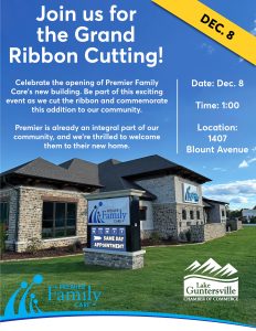 Mark your calendars for Friday, December 8 at 1pm to help us celebrate the new Guntersville location of Premier Family Care! We will cut the big ribbon at 1pm, and we'd love to have you join us.  1407 Blount Avenue, Guntersville