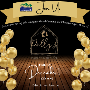 Please join us Friday, December 1 at 11:00 am for a ribbon cutting ceremony celebrating the official Grand Opening and Christmas Open House of Polly's Market & Design!

We will cut the big red ribbon (courtesy of Rodney's Flower Shop) at 11:00 am. Enjoy refreshments, festivities, and giveaways between 11:00am and 2:00 pm during the Open House.