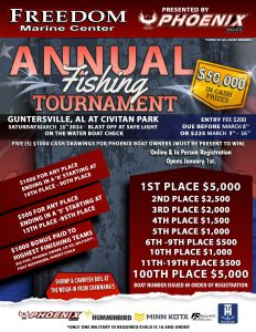 Freedom Marine Center invites all anglers to their annual Fishing Tournament coming up Saturday, March 16, 2024!

Entry fee is $200 before March 8/$225 from March 9 - 16th. 

Held at Civitan Park; blast off at safe light. Check out the flyer for more details.