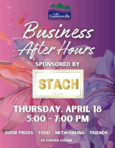 Join us for a beautiful spring evening of networking, food, fun, friends, and more! STACH & CO is hosting the April Business After Hours on Thursday, April 18, so join us anytime between 5 - 7pm. We will open the floor around 6pm for announcements; to announce new members; and to give away door prizes. Even if you can't be there the whole time, swing by. We'd love to see you there supporting LOCAL! If you have questions about this event, reach out to us!
