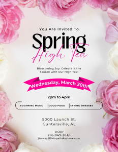 Lakeshore Senior Living invites you to a fun Spring High Tea on Wednesday, March 20! Held from 2 - 4pm at 5000 Launch St. 

Come dressed in your most fun spring dress and enjoy soothing music and good food. 

RSVP to 256-849-2845.