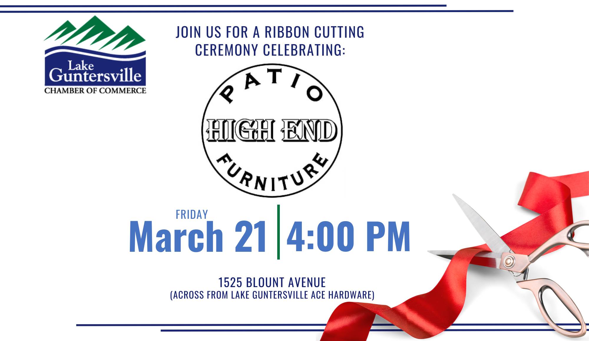 DATE: Friday, March 21
TIME: 4:00 pm
LOCATION: High End Patio Furniture, 1525 Blount Ave
DETAILS: The more, the merrier! Please invite your friends and family to join us in celebration of the Grand Opening of High End Patio Furniture!