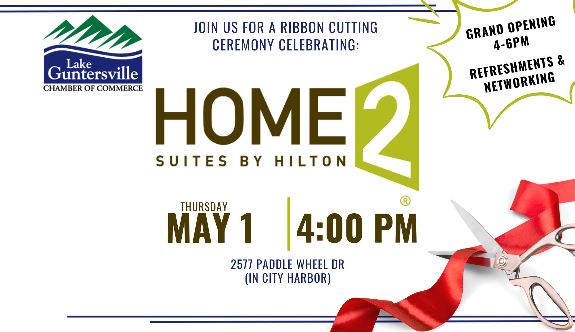 Home2 Suites by Hilton Ribbon Cutting & Grand Opening
DATE: Thursday, May 1
TIME: 4:00 - 6:00 pm
LOCATION: Home2 Suites by Hilton in City Harbor
DETAILS: The more, the merrier! Please share the news and invite your friends to help us celebrate the official Grand Opening of Home2 Suites by Hilton with a ribbon cutting ceremony.
We will cut the ribbon at 4:00 pm, then stay and enjoy refreshments, take a tour of the new hotel, and more!