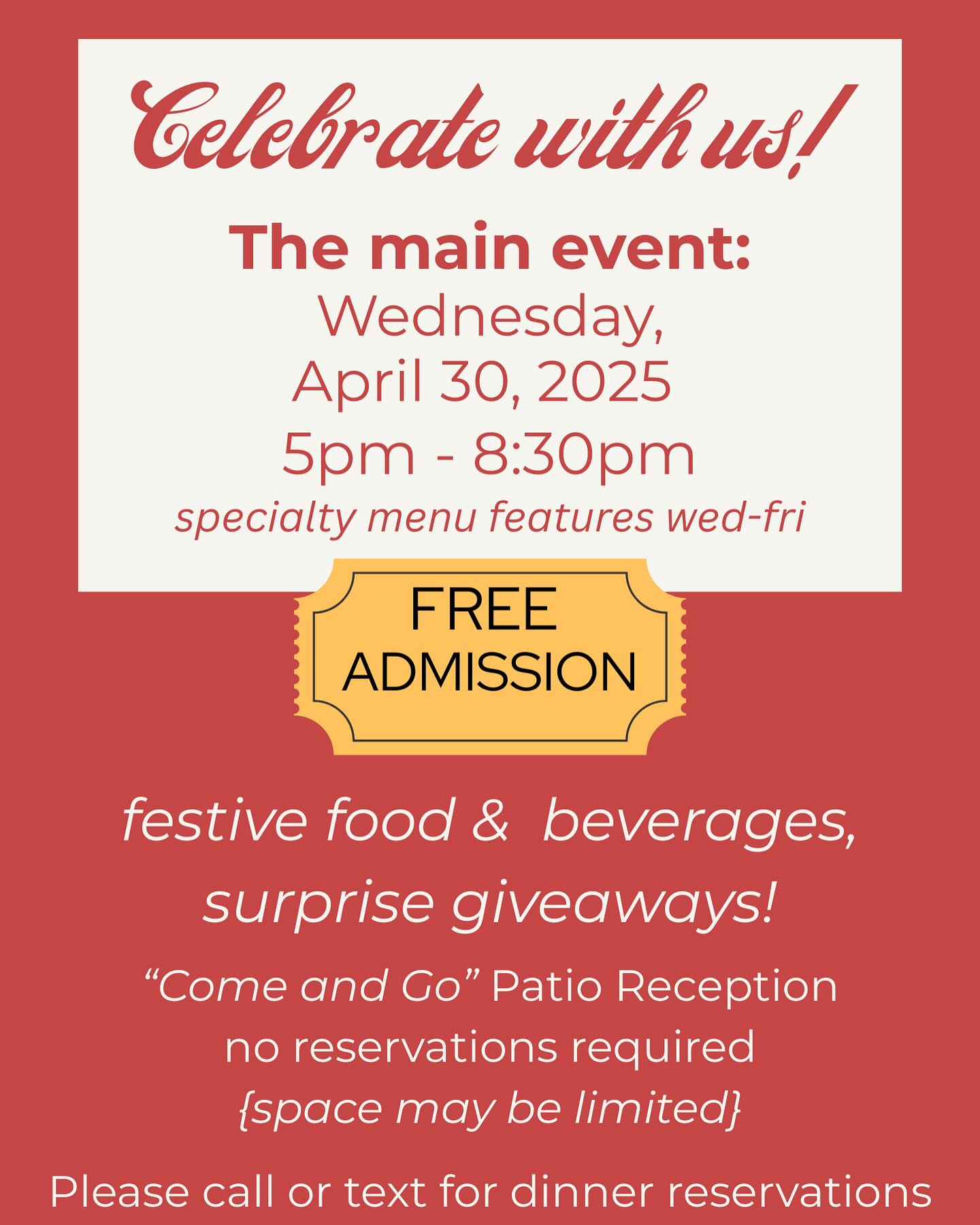 The Greatest Show 10th Anniversary Celebration - Old Town Stock House
DATE: Wednesday, April 30
TIME: 5:00 - 8:30 pm
LOCATION: Old Town Stock House, 410 Old Town St, Guntersville
DETAILS: Join Old Town Stock House for The Greatest Show from 5pm–8:30pm for a “Come and Go” Patio Reception featuring festive food & beverages, specialty menu items (Wed–Fri), and surprise giveaways! 

Cheers to a decade of magic, memories, and amazing guests like YOU! 
 FREE ADMISSION — no reservations required for the patio reception (space may be limited).
Want to stay for dinner?  Call or text us for reservations!