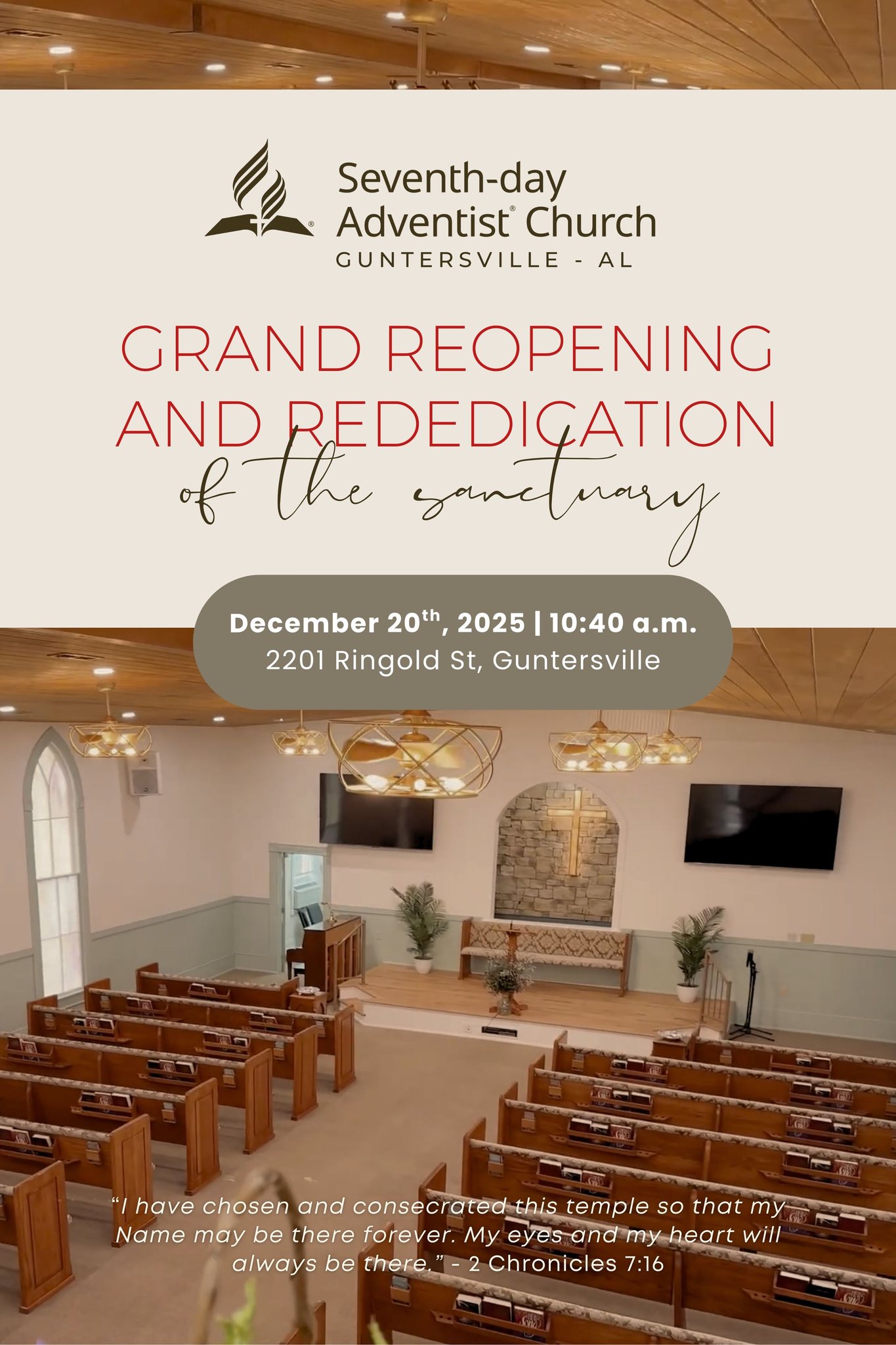 Sanctuary Grand Opening & Rededication - Seventh-Day Adventist Church
DATE: Saturday, December 20
TIME: 10:40am
LOCATION: Seventh-Day Adventist Church, 2201 Ringold St
DETAILS: Get ready to join us for an unforgettable celebration! On December 20th, we'll be marking a major milestone in our church's journey: the grand reopening and rededication of our sanctuary. After months of waiting, we're finally back in our beautiful sanctuary, and we can't wait to share this special moment with you.